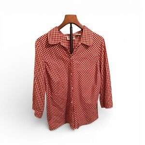 Cottagecore Red Gingham Check Button Down Shirt Women's 3/4 Sleeve Casual TopL